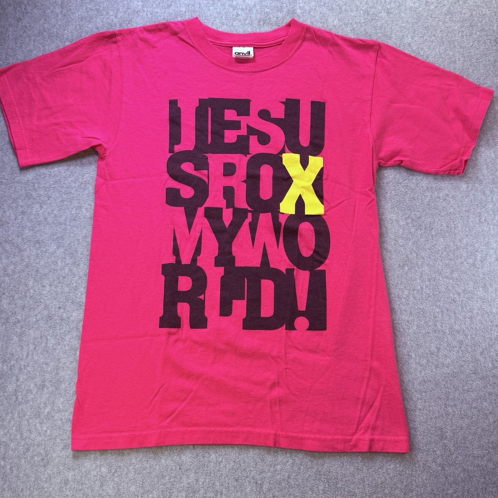 Jesus Rox My World Christian Graphic Tee Pink Small Anvil Faith Shirt